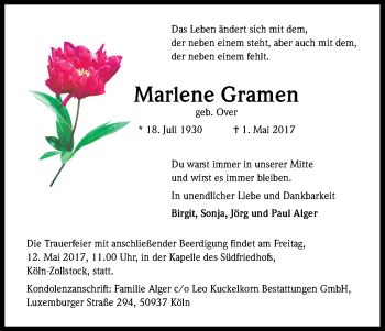 Anzeige von Marlene Gramen von Kölner Stadt-Anzeiger / Kölnische Rundschau / Express