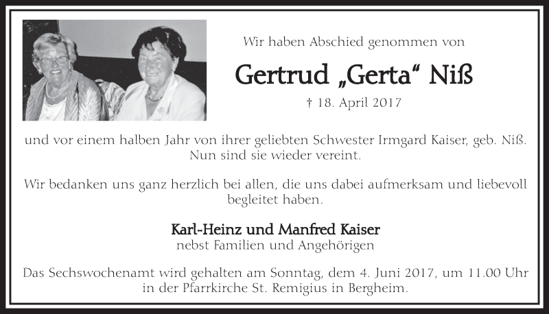  Traueranzeige für Gertrud Niß vom 13.05.2017 aus  Sonntags-Post 