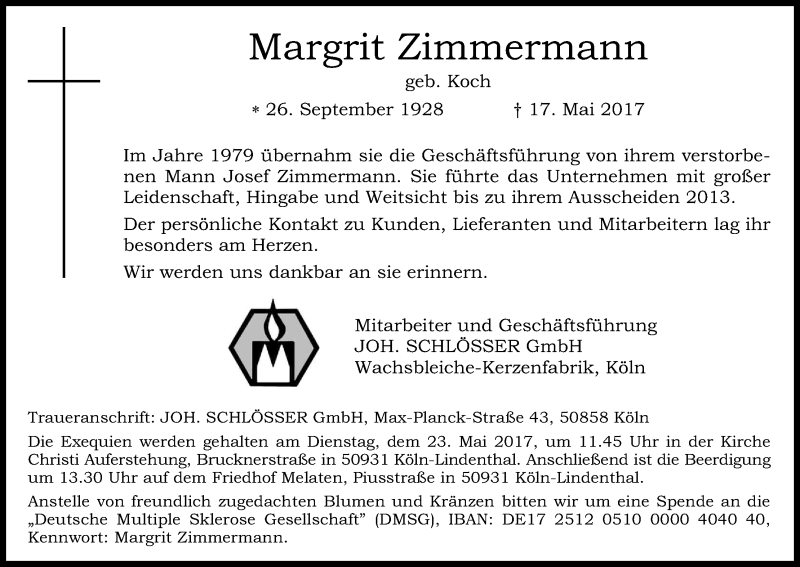  Traueranzeige für Margrit Zimmermann vom 20.05.2017 aus Kölner Stadt-Anzeiger / Kölnische Rundschau / Express
