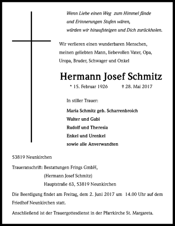 Anzeige von Hermann Josef Schmitz von Kölner Stadt-Anzeiger / Kölnische Rundschau / Express