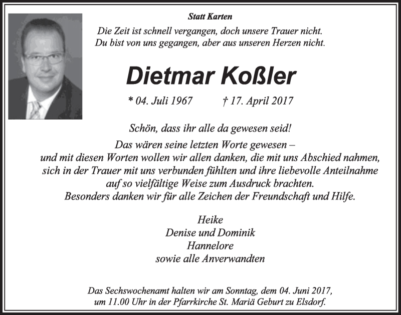  Traueranzeige für Dietmar Koßler vom 27.05.2017 aus  Sonntags-Post 