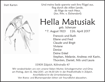 Anzeige von Hella Matusiak von  Blickpunkt Euskirchen 