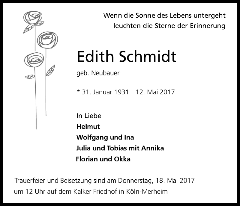  Traueranzeige für Edith Schmidt vom 17.05.2017 aus Kölner Stadt-Anzeiger / Kölnische Rundschau / Express