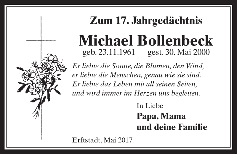  Traueranzeige für Michael Bollenbeck vom 31.05.2017 aus  Werbepost 