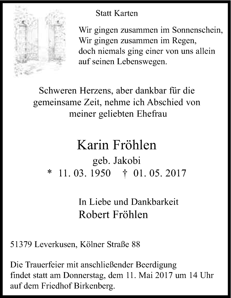  Traueranzeige für Karin Fröhlen vom 06.05.2017 aus Kölner Stadt-Anzeiger / Kölnische Rundschau / Express