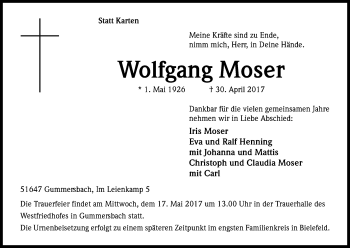 Anzeige von Wolfgang Moser von Kölner Stadt-Anzeiger / Kölnische Rundschau / Express