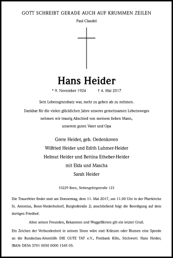 Anzeige von Hans Heider von Kölner Stadt-Anzeiger / Kölnische Rundschau / Express