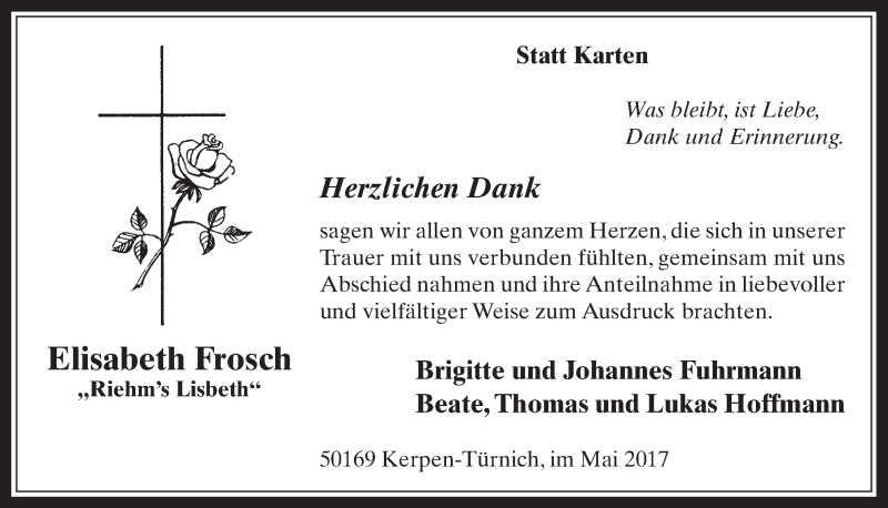  Traueranzeige für Elisabeth Frosch vom 03.05.2017 aus  Werbepost 