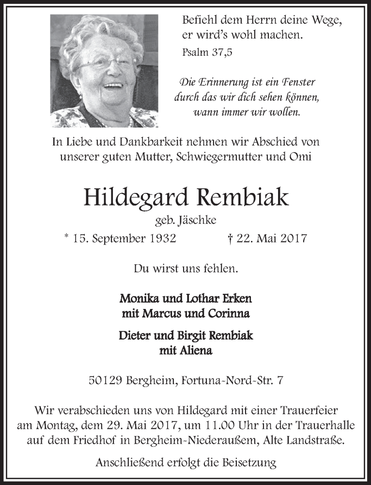  Traueranzeige für Hildegard Rembiak vom 27.05.2017 aus  Sonntags-Post 