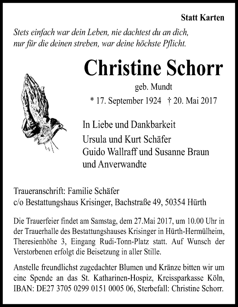  Traueranzeige für Christine Schorr vom 25.05.2017 aus Kölner Stadt-Anzeiger / Kölnische Rundschau / Express