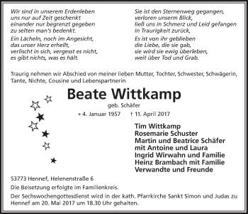 Anzeige von Beate Wittkamp von  Extra Blatt 
