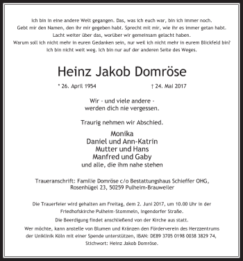 Anzeige von Heinz Jakob Domröse von  Wochenende 