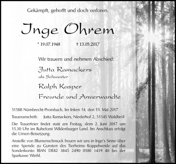 Anzeige von Inge Ohrem von  Lokalanzeiger 