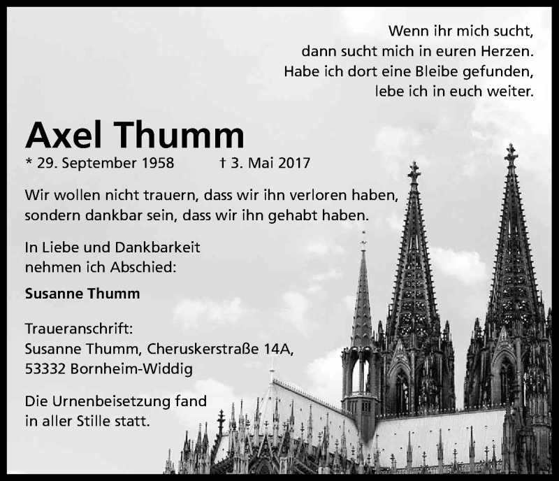  Traueranzeige für Axel Thumm vom 19.05.2017 aus Kölner Stadt-Anzeiger / Kölnische Rundschau / Express