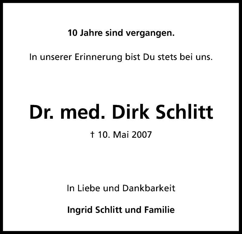  Traueranzeige für Dirk Schliff vom 10.05.2017 aus Kölner Stadt-Anzeiger / Kölnische Rundschau / Express