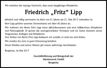 Anzeige von Friedrich Lipp von Kölner Stadt-Anzeiger / Kölnische Rundschau / Express