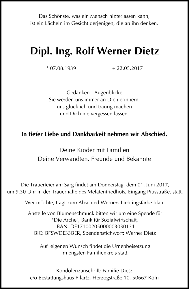  Traueranzeige für Rolf Werner Dietz vom 29.05.2017 aus Kölner Stadt-Anzeiger / Kölnische Rundschau / Express