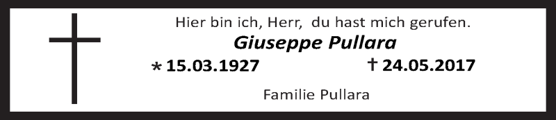  Traueranzeige für Giuseppe Pullara vom 31.05.2017 aus  Kölner Wochenspiegel 