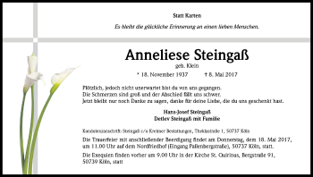 Anzeige von Anneliese Steingaß von Kölner Stadt-Anzeiger / Kölnische Rundschau / Express