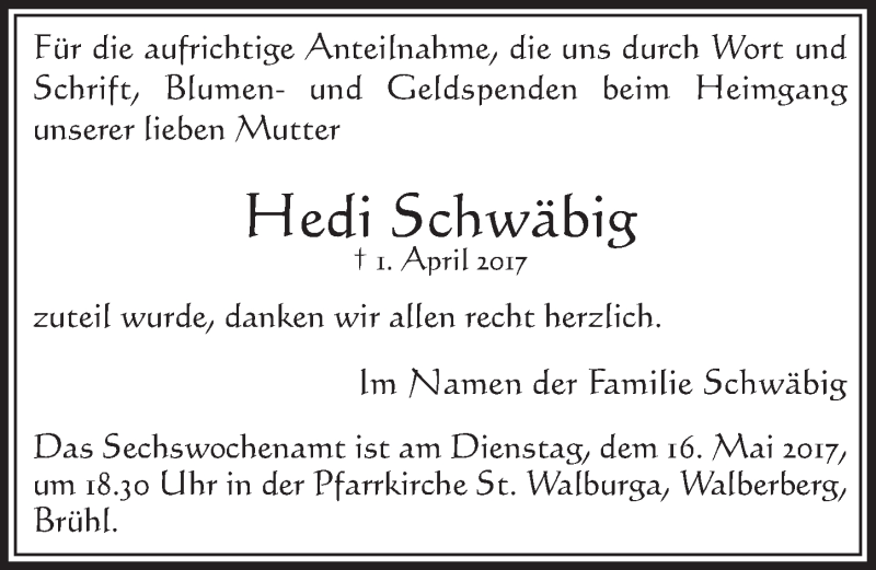 Traueranzeige für Hedi Schwäbig vom 10.05.2017 aus  Schlossbote/Werbekurier 