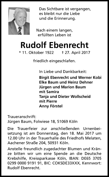 Anzeige von Rudolf Ebenrecht von Kölner Stadt-Anzeiger / Kölnische Rundschau / Express