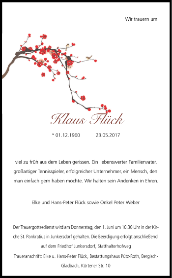 Anzeige von Klaus Flück von Kölner Stadt-Anzeiger / Kölnische Rundschau / Express