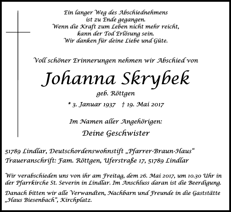  Traueranzeige für Johanna Skrybek vom 23.05.2017 aus Kölner Stadt-Anzeiger / Kölnische Rundschau / Express