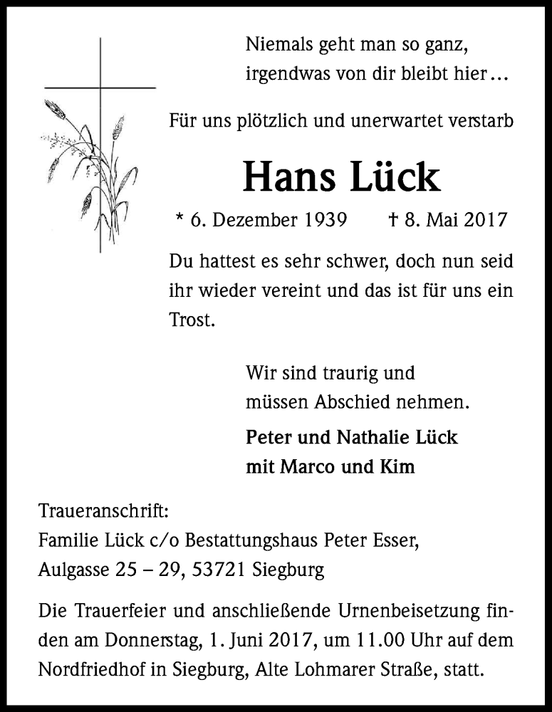  Traueranzeige für Hans Lück vom 20.05.2017 aus Kölner Stadt-Anzeiger / Kölnische Rundschau / Express