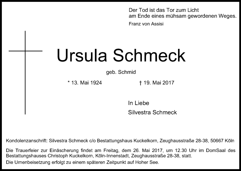 Traueranzeige für Ursula Schmeck vom 24.05.2017 aus Kölner Stadt-Anzeiger / Kölnische Rundschau / Express