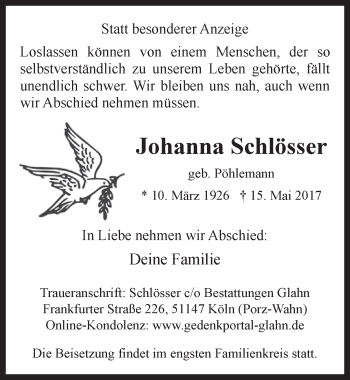Anzeige von Johanna Schlösser von  Kölner Wochenspiegel 