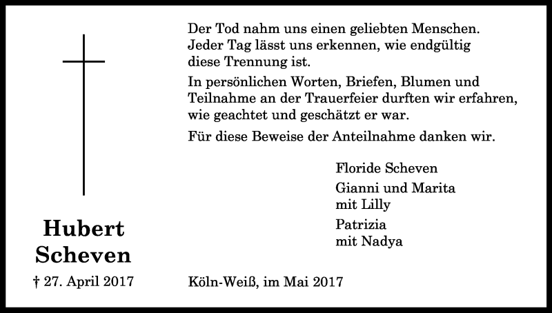  Traueranzeige für Hubert Scheven vom 27.05.2017 aus Kölner Stadt-Anzeiger / Kölnische Rundschau / Express