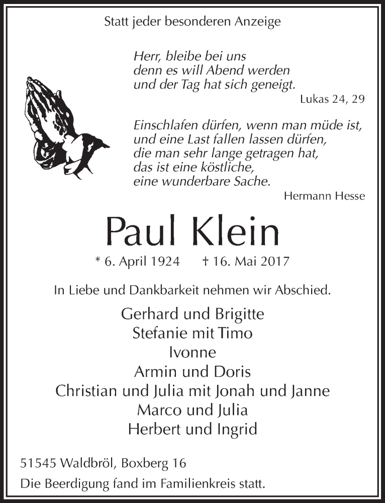  Traueranzeige für Paul Klein vom 24.05.2017 aus  Lokalanzeiger 