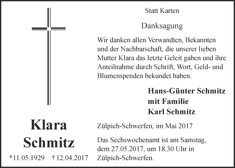  Traueranzeige für Klara Schmitz vom 20.05.2017 aus  Blickpunkt Euskirchen 