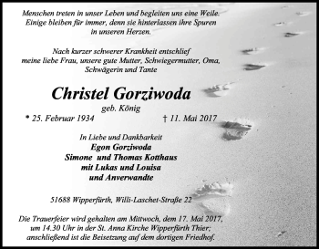 Anzeige von Christel Gorziwoda von Kölner Stadt-Anzeiger / Kölnische Rundschau / Express
