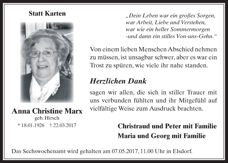  Traueranzeige für Anna Christine Marx vom 03.05.2017 aus  Werbepost 
