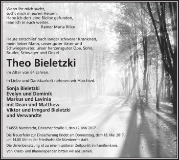 Anzeige von Theo Bieletzki von  Anzeigen Echo  Lokalanzeiger 