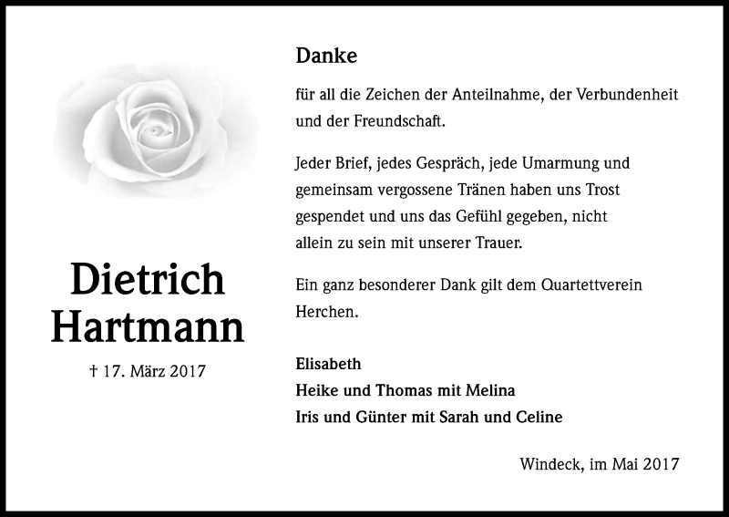  Traueranzeige für Dietrich Hartmann vom 06.05.2017 aus Kölner Stadt-Anzeiger / Kölnische Rundschau / Express