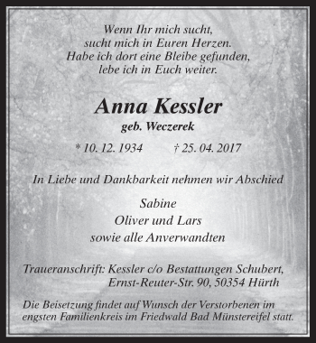 Anzeige von Anna Kessler von  Wochenende 