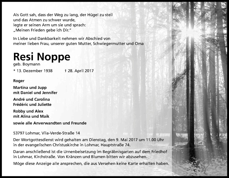 Traueranzeige für Resi Noppe vom 06.05.2017 aus Kölner Stadt-Anzeiger / Kölnische Rundschau / Express