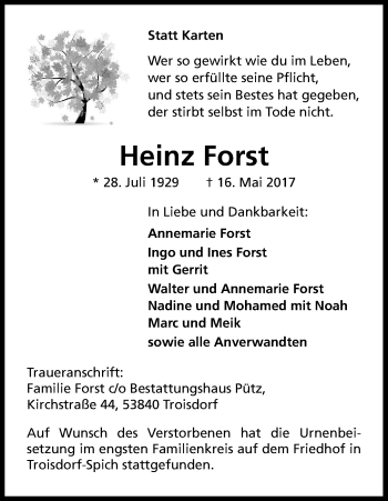 Anzeige von Heinz Forst von Kölner Stadt-Anzeiger / Kölnische Rundschau / Express