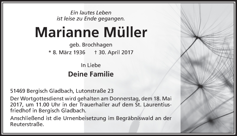  Traueranzeige für Marianne Müller vom 13.05.2017 aus  Bergisches Sonntagsblatt 