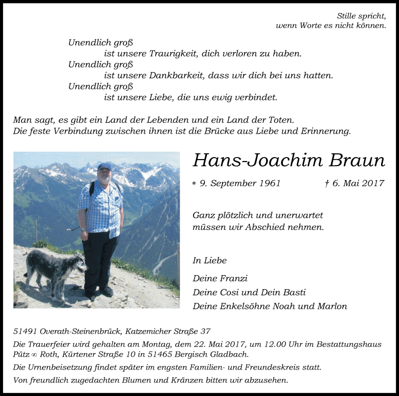  Traueranzeige für Hans-Joachim Braun vom 13.05.2017 aus Kölner Stadt-Anzeiger / Kölnische Rundschau / Express