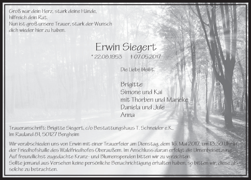  Traueranzeige für Erwin Siegert vom 13.05.2017 aus  Sonntags-Post 