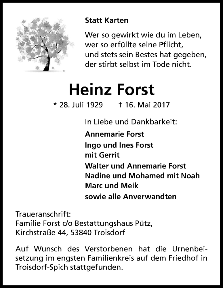  Traueranzeige für Heinz Forst vom 27.05.2017 aus Kölner Stadt-Anzeiger / Kölnische Rundschau / Express