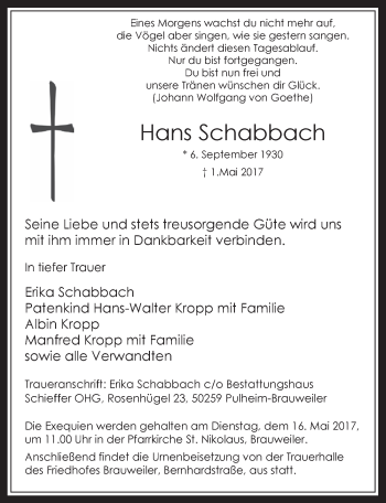 Anzeige von Hans Schabbach von  Wochenende 
