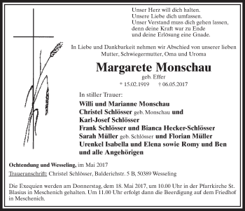 Anzeige von Margarete Monschau von  Schlossbote/Werbekurier 