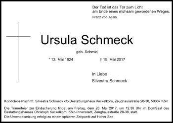 Anzeige von Ursula Schmeck von Kölner Stadt-Anzeiger / Kölnische Rundschau / Express