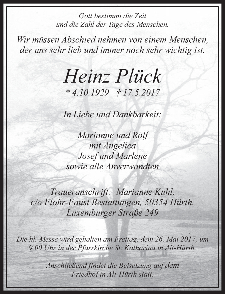  Traueranzeige für Heinz Plück vom 24.05.2017 aus  Wochenende 