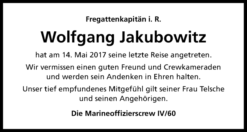  Traueranzeige für Wolfgang Jakubowitz vom 20.05.2017 aus Kölner Stadt-Anzeiger / Kölnische Rundschau / Express