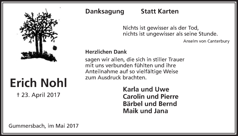  Traueranzeige für Erich Nohl vom 17.05.2017 aus  Anzeigen Echo 